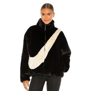 NWOT Nike NSW Black Fur Plush Jacket with Swoosh Logo